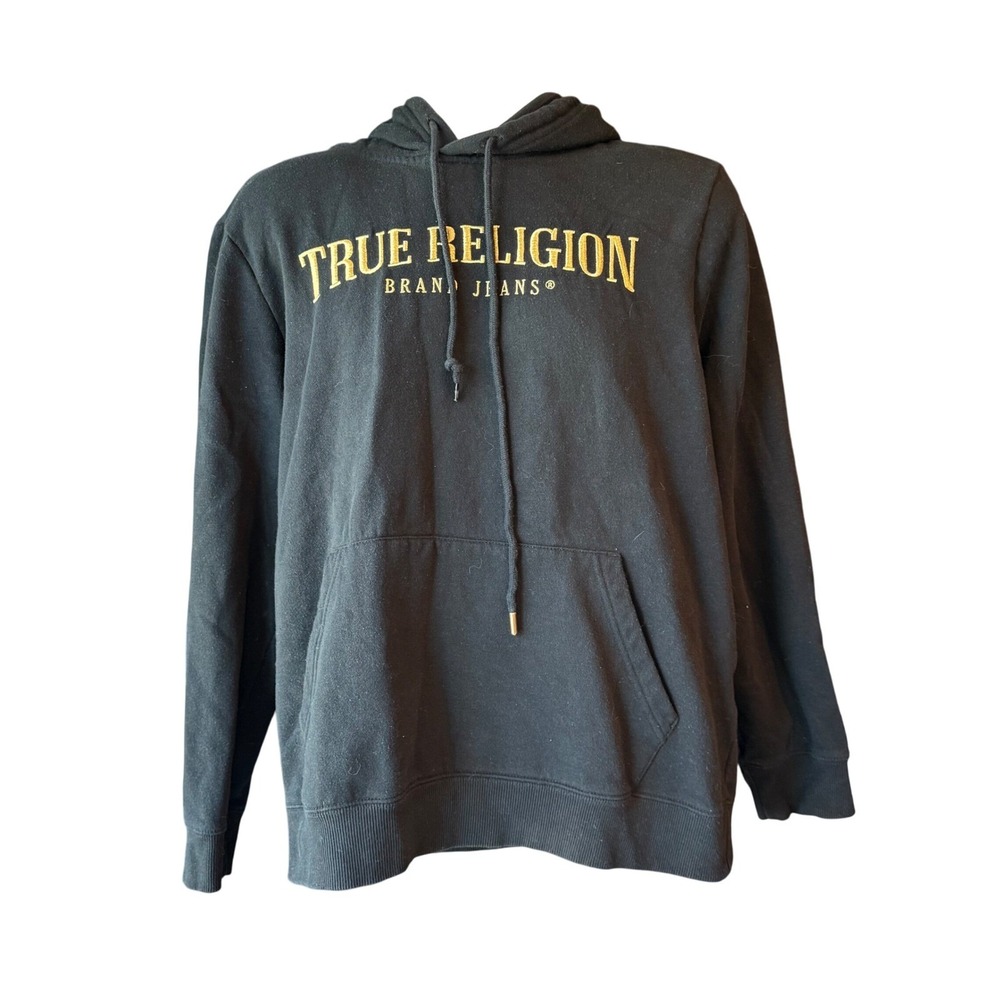True Religion Men's Size Large‎ Black Hoodie Gold Logo Pullover Sweatshirt